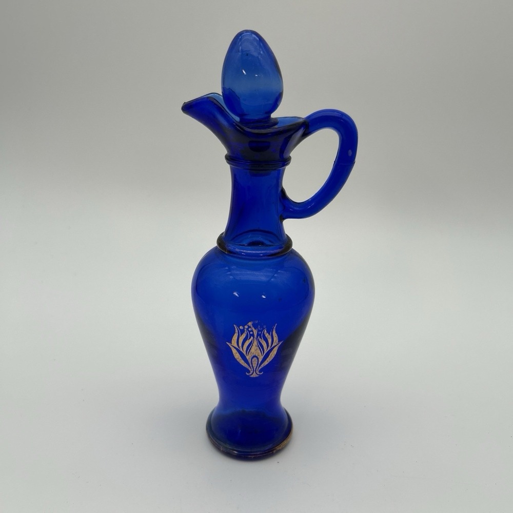 Vintag Avon Cobalt Blue Glass Decanter Cruet Gold Accents with Stopper 9" Tall